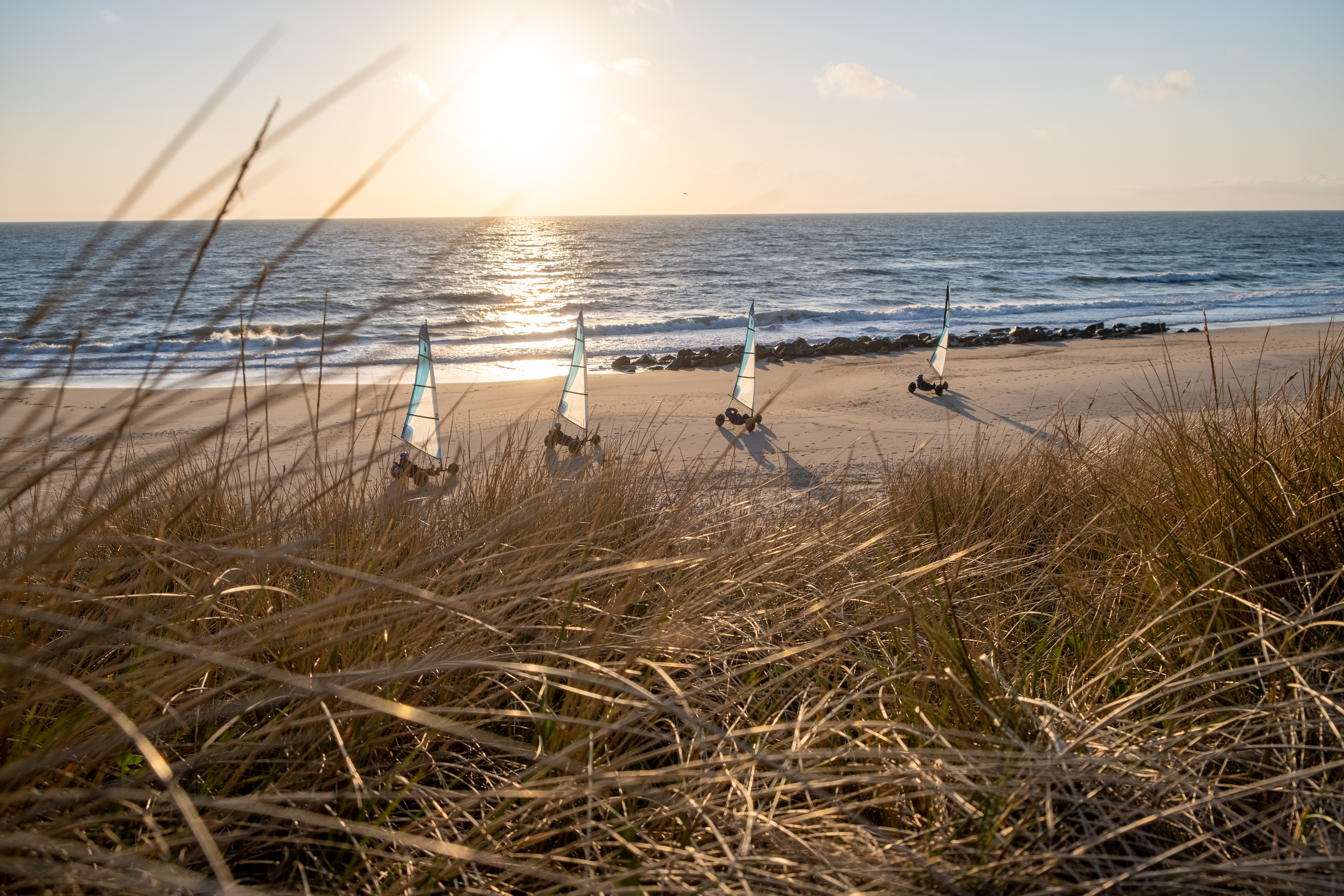 Fire  strandsurfere på stribe i solnedgang